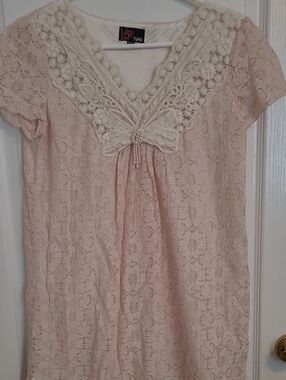 Yumi Cream Lace V-Neck Mini Dress with Embellished Trim